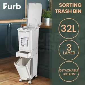 Furb Slim 32L Kitchen Bin Waste Sorting Trash Bins Lid Garbage Recycling Wheels - Picture 1 of 10
