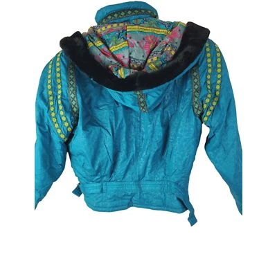 Vintage 80s Head Womens Faux Fur Hood Coat Aztec Floral Size 10 GUC - Image 1 of 4