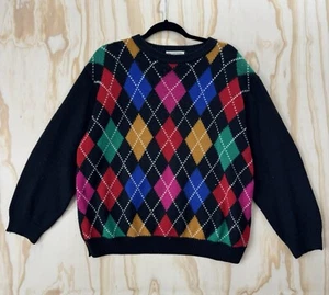 Suéter Argyle Arco Iris Vintage Mujer Grande Negro Lana Alfred Dunner Años 80 Profesor - Imagen 1 de 11