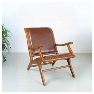Massivholz Loungesessel Echtleder – Retro Kolonialstil Holzstuhl Wohnzimmer - Bild 1 von 4