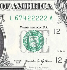 Dólar sólido de cinco de una clase 2s en fila número de serie de lujo L67422222A - Imagen 1 de 3