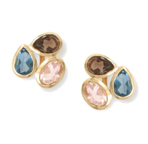 Three Stone Smoky Quartz and Glass Stud Earrings 14k Gold-plated Silver - Imagen 1 de 1