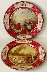 Plato de metal litográfico de hojalata Lancret vintage x2 artículos decorados Bélgica victoriano - Imagen 1 de 4