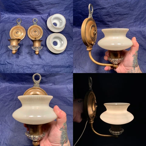 Pair of antique brass sconces Glass Accents Art Deco Slip Shades 87F Cover
