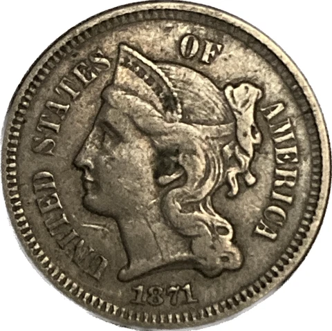 1871 3 Cent Nickel - XF  - Nice Coin Cover