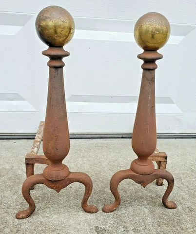 Antique 19thc Brass Cannon Ball Top Hoofed Feet Fireplace Andirons Fire Dogs 18" Cover