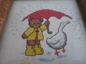 COMPLETED Framed TEDDY BEAR Goose Umbrella Rain Cross Stitch PICTURE Retro Sweet - Picture 1 of 4