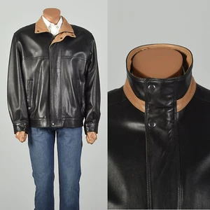 Large North Beach Leather Black Bomber Jacket Moto Collar Cafe Racer Luxury Mens - Picture 1 of 10