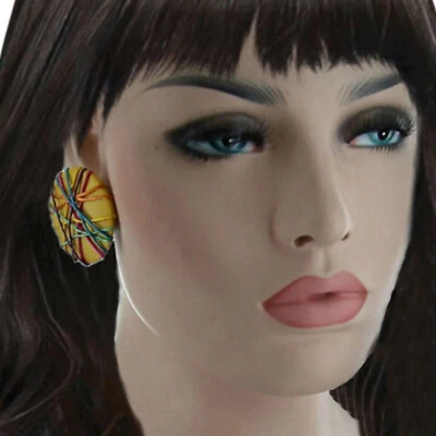 Yellow Multicolor Wooden Clip On Oversized Button Earrings Thread Wrapped 1 1/2" - Image 1 of 3