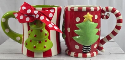 Рождественский кружки комплект из 2, красный, зеленый, белый, желтый с полосками и горошек - Изображение 1 из 4