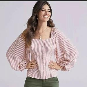 Cabi Carnival Top Puff Sleeve Smocked Back Long Sleeve Striped #5890 Medium - Picture 1 of 8