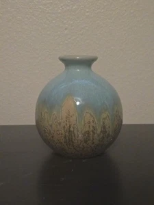 MCM Style Drip Glaze Art Pottery Globe Bud Vase Turquoise Browns/Gold ~5" Tall - Picture 1 of 14