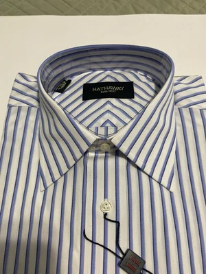 Hathaway Mens 15 -32/33 Luxury 100% Cotton White Blue Black Striped Dress Shirt - Image 1 of 4