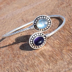 Labradorite & Amethyst Oval Gemstone Cuff 925 Sterling Silver Antique Bracelet - Picture 1 of 7