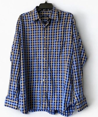 Camisa de hombre grande a cuadros azul/bronceado con botones delanteros manga larga Foto 1 de 4