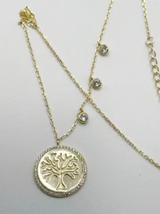 Gold Plated 925 Sterling Silver CZ Tree Of Life Necklace 15.75" - 17.75" Long - Picture 1 of 4