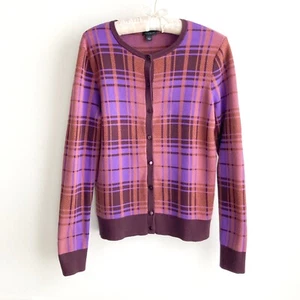Ann Taylor Factory Cardigan sz L Purple Maroon Plaid Button Sweater Cozy Cotton - Picture 1 of 8