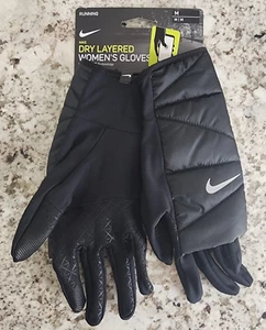Nike Women's Dry Layered Dri-Fit Running Puffer Gloves Black Size M Grip Touch - Picture 1 of 8