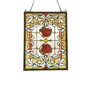 Stained Glass Tiffany Style Red Rose Flower Design Hanging Window Panel - Picture 1 of 3