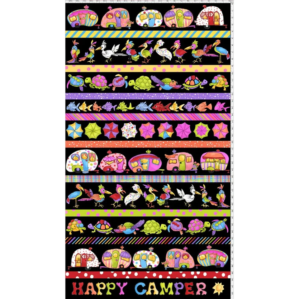 23" X 44" Panel Camping Happy Campers Travel Borders Black Fabric Panel D413.37 - Image 1 of 1