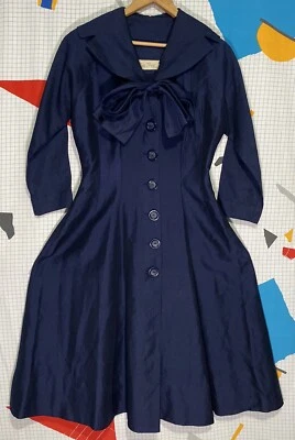 Vintage 40s Gabardine Dress Cocktail 50s Button Front Navy New York Bow Lucy - Image 1 of 4