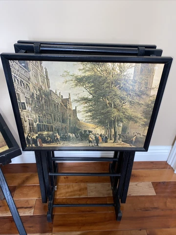 (Set of 4) Vintage Solid Wood Folding TV Trays, Tables w/ Stand.  4 Scenes EUC ! Cover