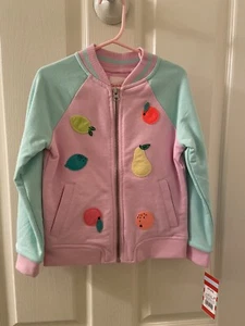 Cat & Jack Pastel Felt Fruit Patches Varsity Style Jacket Girls Size XS 4-5 NWT - Picture 1 of 8