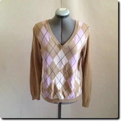 Suéter Izod Todo Algodón Marrón y Lavanda Argyle Cuello en V Grande Foto 1 de 4