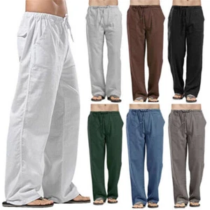Men Cotton Linen Casual Loose Long Straight Pants Sports Sweatpants Beach Pant - Picture 1 of 22