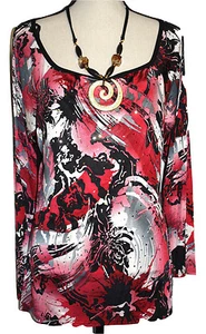 Banabee Womens Blouse Size Medium Long Sleeve Red Black Top Attached Necklace - Picture 1 of 4