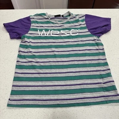 Y2K Skater WESC Spell Out Stripped T-Shirt top Green Purple Gray Unisex M L - Image 1 of 4