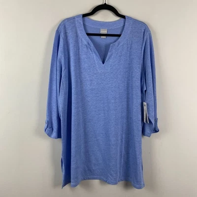 Túnica Chicos Longline de Lino Talla 3 US XL Azul Mangas 3/4 Cuello Dividido Aberturas Foto 1 de 4