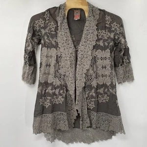 Johnny Was Asao Women's XS Gray Embroidered Open Front Eyelet Lace Kimono - Picture 1 of 4