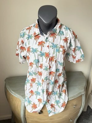 Camisa RETROFIT XL Palmeras Blanca Abotonada Azul Naranja Coral Costera Diversión 2xL Foto 1 de 4