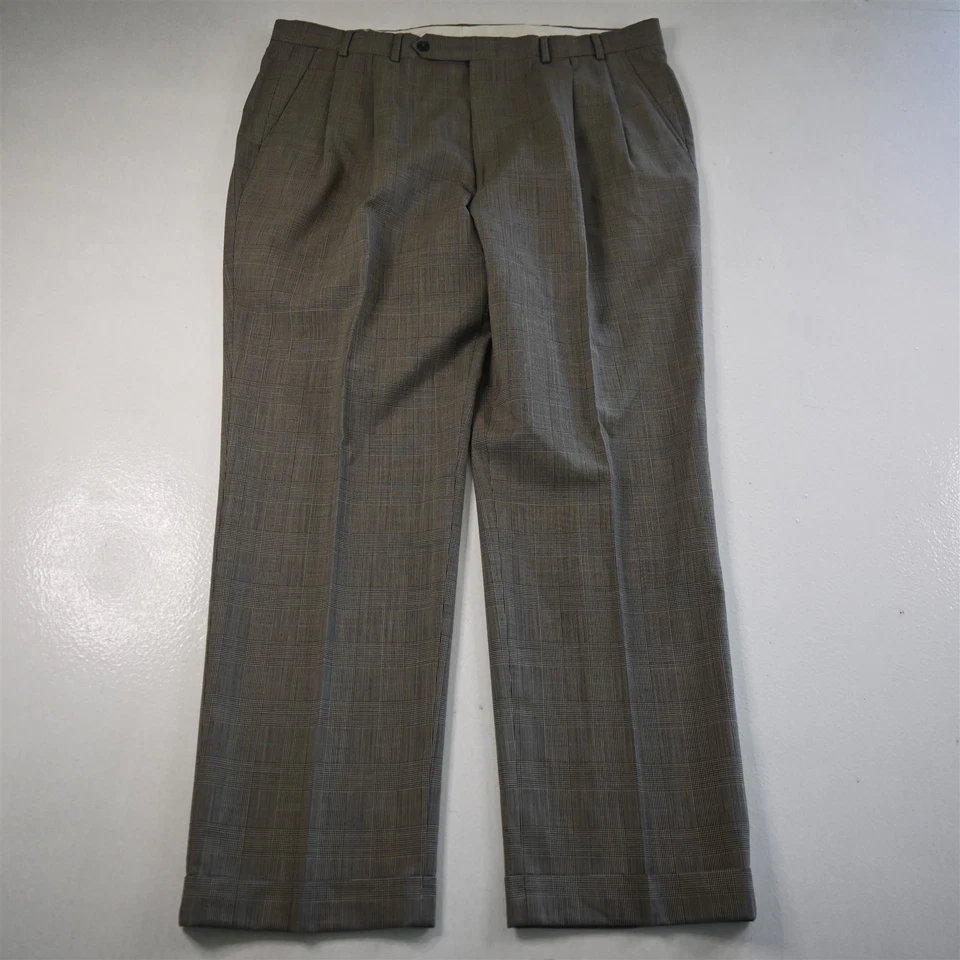 Pantalones clásicos para hombre Nautica 38x32 marrón lana cachemir cuadros Glenn plisados con puños Foto 1 de 4