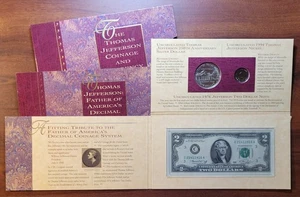 1993 Thomas Jefferson Coinage & Currency Set $2 Note, Silver $1, 1994-P 5c - Picture 1 of 3