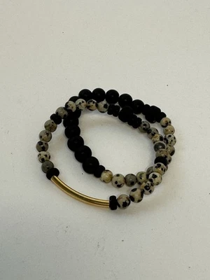 Dalmation Jasper /Onyx   Round Gemstone Beads Stretch Elastic Bracelet 7” - Imagem 1 de 4