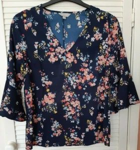 Blusa Top Para Mujer Nueva Sin Etiquetas, Antología, Estampado Floral Azul Marino Media Manga, Talla 10 - Imagen 1 de 7