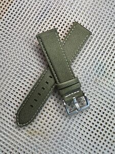 19mm OLIVE GREEN Sailcloth Canvas/Leather watch band strap WHITE Stitch