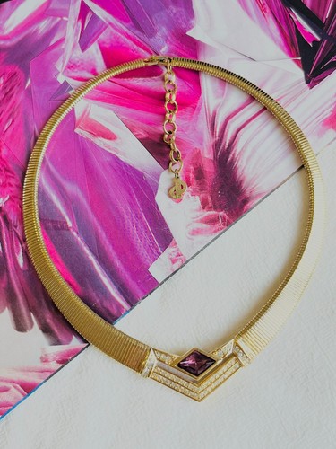 Collana girocollo triangolo cristalli ametista a costine Christian Dior vintage anni 80