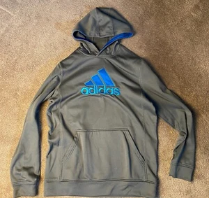 Adidas Gray Pullover Hoodie Hooded Sweatshirt Sz XL (18) Blue Logo - Picture 1 of 3