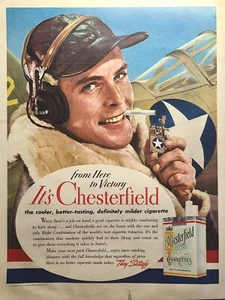 Chesterfield Cigarettes Fighter Pilot Cuero Aviador Chaqueta Vintage Impresión Anuncio 1942 - Imagen 1 de 4