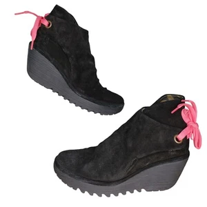 FLY London Yama Ankle Boots 38 Wedge Heel 7-7.5 US Lace Back Booties Black Suede - Picture 1 of 8