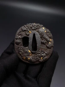 Perro León Sowrd Japonés y Peonía Tsuba para Wakziashi, Antiguo período Edo, A124 - Imagen 1 de 12