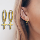 10mm Gold 925 Sterling Silver Cartilage Helix Cross Stud Drop Hoop Earrings