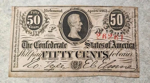 1863 Confederate States 50C Note - Mis-cut & Repaired - Higher Grade - Pin Holes - Picture 1 of 8