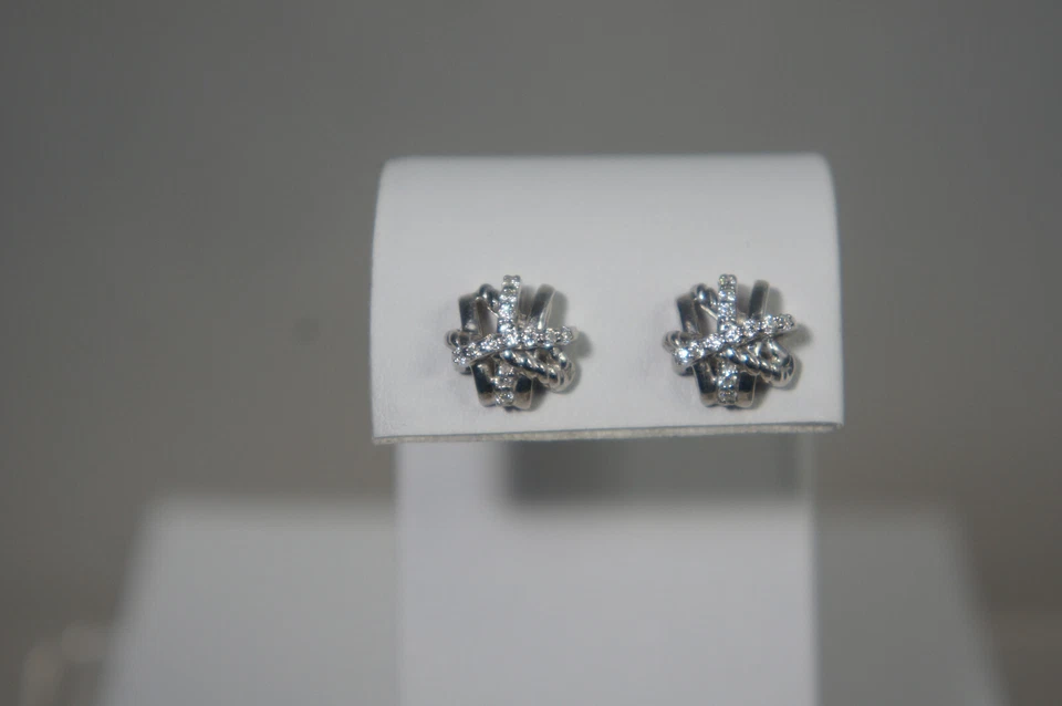 David Yurman Pave Diamond Cross Over 925 Sterling 585 Stud Earrings Yurman Pouch - Image 1 of 4