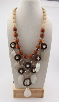 Modern Bohemian Style Wood and Shell Necklace Unsigned Statement Mixed Material - Image 1 of 4