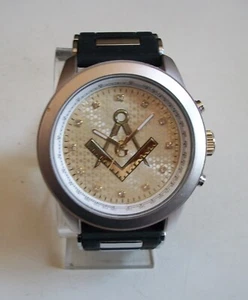 MEN'S SILVER FINISH GOLD DIAL MASON BLACK SILICONE BAND FASHION DRESSY WATCH - Picture 1 of 5