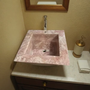 Square Rose Quartz Sink – Natural Stone Vanity Basin for Bathroom Interior Deco - Picture 1 of 4